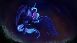 Size: 6000x3371 | Tagged: safe, artist:tenebrisnoctus, imported from derpibooru, princess luna, alicorn, pony, absurd resolution, feather, female, fetlock tuft, flying, glowing horn, grass, horn, mare, night, solo