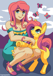 Size: 3590x5130 | Tagged: safe, artist:praedacopepoda, imported from derpibooru, kotobukiya, fluttershy, butterfly, human, pegasus, pony, blushing, breasts, busty fluttershy, cleavage, clothes, cute, daaaaaaaaaaaw, dress, frog (hoof), high heels, human ponidox, humanized, kotobukiya fluttershy, looking at you, missing cutie mark, off shoulder, self ponidox, shoes, shyabetes, smiling, smiling at you, underhoof