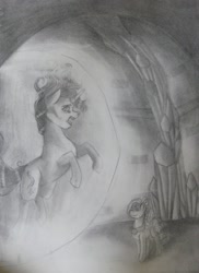 Size: 1043x1435 | Tagged: safe, artist:unknownfilters, imported from derpibooru, cozy glow, starlight glimmer, pegasus, pony, unicorn, school raze, female, filly, force field, mare, monochrome, pencil drawing, scene interpretation, traditional art, trapped