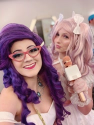 Size: 810x1080 | Tagged: safe, artist:sarahndipity cosplay, imported from derpibooru, rarity, sweetie belle, human, clothes, cosplay, costume, glasses, irl, irl human, microphone, photo