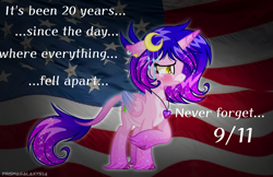 Size: 2302x1493 | Tagged: safe, artist:elementbases, artist:lumi-infinite64, artist:prismagalaxy514, imported from derpibooru, oc, alicorn, pony, 9/11, american flag, crying, memorial, mouthpiece, remembrance, sadness