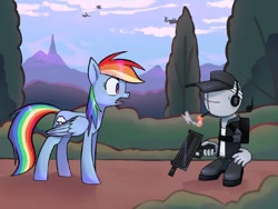 Size: 1080x810 | Tagged: dead source, safe, artist:sevenwestern, imported from derpibooru, rainbow dash, oc, pegasus, pony, armless, bandage, clothes, cloud, cutie mark, deimos, eyes open, gun, looking at each other, madness combat, shoes, smoking, standing, sweat, tree, weapon, wings