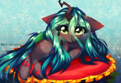 Size: 4950x3400 | Tagged: safe, artist:krissstudios, imported from derpibooru, queen chrysalis, changeling, changeling queen, absurd resolution, cushion, cute, cutealis, female, lying down, prone, solo