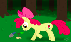 Size: 1180x690 | Tagged: safe, artist:sgtgarand, imported from derpibooru, apple bloom, earth pony, pony, female, filly, grass, grin, plant, sapling, smiling, solo, tree, trowel