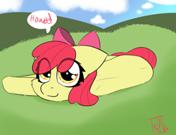 Size: 3070x2362 | Tagged: safe, artist:jubyskylines, imported from derpibooru, apple bloom, earth pony, pony, eye clipping through hair, female, filly, high res, howdy, looking at you, lying down, on side, smiling, solo