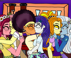 Size: 1280x1047 | Tagged: safe, artist:rdj1995, imported from derpibooru, adagio dazzle, gloriosa daisy, rarity, saffron masala, trixie, vignette valencia, equestria girls, afro, female, gloriette, kiss on the lips, kissing, lesbian, raffron, shipping, triagio