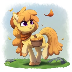 Size: 2000x2000 | Tagged: safe, artist:luminousdazzle, imported from derpibooru, oc, oc only, oc:golden chanterelle, earth pony, pony, bag, chanterelle, cheek fluff, chest fluff, clothes, cute, ear fluff, falling leaves, female, freckles, grass, high res, hoof fluff, leaf, leaves, mare, mushroom, open mouth, raised hoof, rock, saddle bag, scarf, smiling, solo, unshorn fetlocks