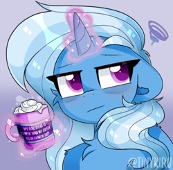 Size: 2048x2003 | Tagged: safe, artist:tinykiru, imported from derpibooru, trixie, pony, unicorn, cheek fluff, chest fluff, cup, female, floppy ears, glowing horn, high res, horn, implied lesbian, implied shipping, implied startrix, lidded eyes, magic, mare, mug, solo, telekinesis, tired