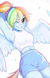 Size: 1316x2048 | Tagged: safe, artist:beetocy, artist:flanmope, artist:プリンサン, imported from derpibooru, rainbow dash, human, arm behind head, armpits, clothes, feather, female, humanized, one eye closed, pony coloring, ponytail, shorts, simple background, sleeveless, solo, sweat, tailed humanization, tanktop, white background, winged humanization, wings, wink