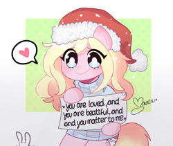 Size: 827x699 | Tagged: safe, artist:arwencuack, imported from derpibooru, oc, oc:chuckles, earth pony, pony, semi-anthro, christmas, clothes, commission, cute, female, hat, heart, holiday, love, positive message, positive ponies, santa hat, sign, smiling, sweater, white pupils