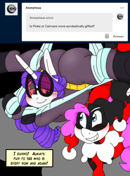 Size: 1935x2620 | Tagged: safe, artist:blackbewhite2k7, imported from derpibooru, pinkie pie, rarity, earth pony, pony, unicorn, acrobatics, ask, batman, catmare, catwoman, cosplay, costume, crossover, dc comics, duo, female, harley quinn, mare, parody, pinkie quinn