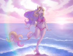 Size: 1920x1494 | Tagged: safe, artist:acry-artwork, imported from derpibooru, oc, oc only, oc:acry, oc:acry weaver, anthro, classical unicorn, unguligrade anthro, unicorn, beach, belly button, bikini, breasts, clothes, cloven hooves, curved horn, equine, fangs, horn, jewelry, leonine tail, necklace, outdoors, solo, swimsuit, unshorn fetlocks
