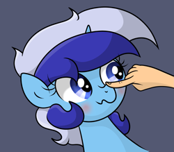 Size: 1681x1471 | Tagged: safe, artist:background basset, imported from derpibooru, minuette, pony, unicorn, blue eyes, blushing, boop, bust, disembodied hand, female, hand, horn, mare, offscreen character, simple background, solo