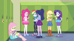 Size: 3410x1920 | Tagged: safe, imported from derpibooru, screencap, applejack, fluttershy, pinkie pie, rainbow dash, rarity, sci-twi, spike, spike the regular dog, twilight sparkle, dog, equestria girls, equestria girls series, forgotten friendship, applejack's hat, boots, clothes, converse, cowboy boots, cowboy hat, crossed arms, cutie mark, cutie mark on clothes, denim skirt, eyes closed, female, football, geode of sugar bombs, geode of super speed, geode of super strength, hairpin, hat, high heels, high res, hoodie, humane five, humane six, jewelry, lockers, magical geodes, necklace, rarity peplum dress, sandals, shoes, skirt, smiling, sneakers, sports, tanktop
