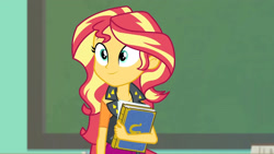 Size: 3410x1920 | Tagged: safe, imported from derpibooru, screencap, sunset shimmer, equestria girls, equestria girls series, forgotten friendship, chalkboard, clothes, female, high res, jacket, jewelry, leather, leather jacket, necklace, smiling, solo, yearbook