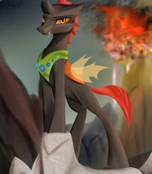 Size: 1750x2000 | Tagged: safe, artist:nixworld, imported from derpibooru, oc, oc:phasmatodea, changeling, fanfic:changing expectations, canterlot, changeling oc, fanfic, fanfic art, fanfic cover, fire, grin, orange changeling, peytral, smiling