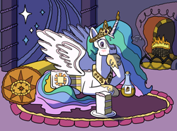Size: 1280x953 | Tagged: safe, artist:sergeant16bit, imported from derpibooru, princess celestia, alicorn, cake pony, food pony, original species, pony, autocannibalism, blushing, cake, cake slice, cakelestia, candle, cannibalism, cellular peptide cake (with mint frosting), female, fireplace, food, food transformation, jewelry, looking at you, mare, nom, pillow, ponified, potion, reality shift, rug, tiara, transformation
