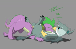 Size: 1280x825 | Tagged: safe, artist:peppertech, imported from derpibooru, gabby, spike, dragon, griffon, adult, adult spike, blushing, cuddling, cute, feather, female, gabbybetes, lying down, male, older, older spike, on back, paws, shipping, sleeping, snoring, spabby, straight, tail, tail wrap, underpaw