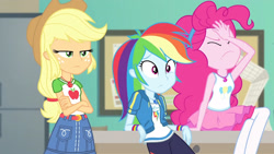 Size: 3410x1920 | Tagged: safe, imported from derpibooru, screencap, applejack, pinkie pie, rainbow dash, equestria girls, equestria girls series, forgotten friendship, applejack's hat, belt, clothes, cowboy hat, crossed arms, cutie mark, cutie mark on clothes, denim skirt, eyes closed, facepalm, female, geode of sugar bombs, geode of super speed, geode of super strength, hat, high res, hoodie, jewelry, magical geodes, necklace, skirt, tanktop