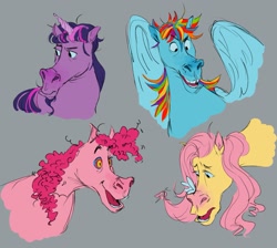 Size: 1917x1715 | Tagged: safe, artist:banjo_bugs, imported from derpibooru, fluttershy, pinkie pie, rainbow dash, twilight sparkle, butterfly, earth pony, pegasus, pony, unicorn, butterfly on nose, gray background, hoers, insect on nose, simple background, unicorn twilight