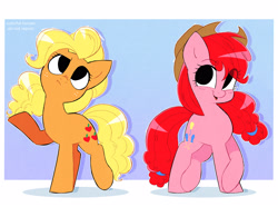 Size: 3142x2338 | Tagged: safe, artist:syrupyyy, imported from derpibooru, part of a set, applejack, pinkie pie, earth pony, pony, alternate hairstyle, cute, diapinkes, duo, female, gradient background, high res, jackabetes, mane swap, mare, open mouth, raised hoof, redraw, smiling, tail swap