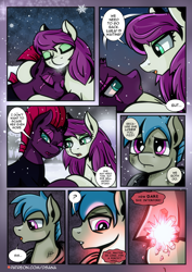 Size: 2480x3508 | Tagged: safe, artist:dsana, imported from derpibooru, fizzlepop berrytwist, tempest shadow, oc, oc:fireweed, oc:thistledown, earth pony, pony, unicorn, comic:a storm's lullaby, comic, high res, hug, ominous