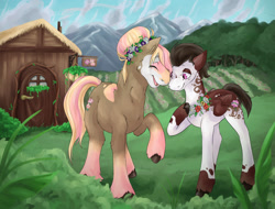 Size: 1280x973 | Tagged: safe, artist:paisleyperson, imported from derpibooru, oc, oc only, earth pony, pegasus, pony, female, floral head wreath, flower, forest, mare, mountain, scenery