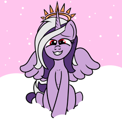 Size: 2000x2000 | Tagged: safe, artist:dafiltafish, imported from derpibooru, oc, oc only, oc:hedone, alicorn, pony, alicorn oc, blushing, cloud, crown, grin, high res, horn, jewelry, looking at you, red eyes, regalia, sitting, smiling, smiling at you, solo, wings