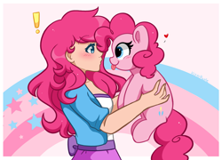 Size: 3669x2635 | Tagged: safe, artist:kittyrosie, imported from derpibooru, pinkie pie, earth pony, human, pony, :p, blushing, breasts, clothes, cute, diapinkes, duo, equestria girls outfit, exclamation point, floating heart, heart, high res, holding a pony, human ponidox, humanized, kittyrosie is trying to murder us, looking at each other, self ponidox, sideboob, sweet dreams fuel, tongue out