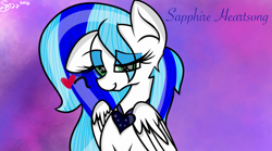 Size: 1440x803 | Tagged: safe, artist:skypaw122, imported from derpibooru, oc, oc only, pegasus, pony, abstract background, bedroom eyes, bust, eyelashes, female, mare, pegasus oc, signature, smiling, solo