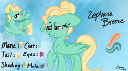 Size: 1440x802 | Tagged: safe, artist:skypaw122, imported from derpibooru, zephyr breeze, pegasus, pony, aura winds, bedroom eyes, eyelashes, female, grin, male, mare, raised hoof, reference sheet, rule 63, signature, smiling, solo, stallion, wings