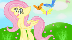 Size: 1440x799 | Tagged: safe, artist:skypaw122, imported from derpibooru, fluttershy, pegasus, pony, eyelashes, female, mare, open mouth, signature, smiling, solo, wings