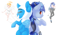 Size: 3045x1842 | Tagged: safe, artist:schokocream, imported from derpibooru, oc, oc only, oc:aeon of dreams, human, pony, unicorn, adventure time, angel, clothes, devil, finn the human, halo, hat, horns, male, ponified, shoulder devil, smiling, stallion