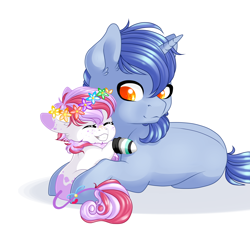 Size: 2834x2551 | Tagged: safe, artist:schokocream, imported from derpibooru, oc, oc only, oc:aeon of dreams, pony, unicorn, cute, duo, eyes closed, female, filly, grin, high res, horn, hug, lying down, male, prone, simple background, smiling, stallion, unicorn oc, white background