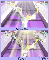 Size: 1092x1330 | Tagged: safe, artist:diamond06mlp, edit, edited screencap, imported from derpibooru, screencap, discord, draconequus, the summer sun setback, angel, clothes, cloud, flower, halo, harp, indoors, lyre, male, musical instrument, robes, scene interpretation, screencap reference, solo, stars, window