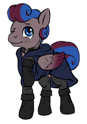 Size: 350x500 | Tagged: safe, artist:multiverseequine, derpibooru exclusive, imported from derpibooru, oc, oc only, oc:clouded sight, pegasus, pony, :t, blue eyes, choker, clothes, colored, daybreak island, folded wings, freckles, full body, hood, hoof boots, leggings, male, one eye closed, pegasus oc, raised hoof, robe, simple background, smiling, solo, stallion, swirly mane, tail, transparent background, two toned mane, two toned wings, wings, wink