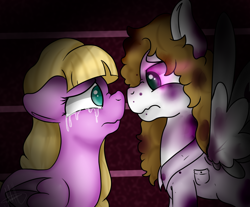 Size: 960x794 | Tagged: safe, artist:millefaller, imported from derpibooru, oc, pegasus, pony, 2015, black eye, bruised, chest fluff, crying, duo, ear fluff, female, gravity falls, mare, pacifica northwest, ponified