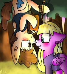 Size: 1800x2000 | Tagged: safe, artist:millefaller, imported from derpibooru, pegasus, pony, clothes, dipper pines, ear piercing, earring, female, forest, gravity falls, hoof hold, jewelry, looking at each other, male, mare, outdoors, pacifica northwest, piercing, ponified, rope, smiling, stallion, straight, tree, wings