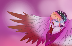 Size: 833x532 | Tagged: safe, artist:aonairfaol, imported from derpibooru, oc, oc only, anthro, pegasus, abstract background, base used, beanie, clothes, female, hat, pegasus oc, solo, wings