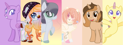 Size: 2031x752 | Tagged: safe, artist:aonairfaol, imported from derpibooru, oc, earth pony, pegasus, unicorn, bald, base, base used, beanie, collaboration, earth pony oc, female, hat, horn, mare, pegasus oc, smiling, unicorn oc