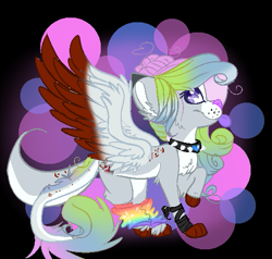 Size: 537x512 | Tagged: safe, artist:aonairfaol, imported from derpibooru, oc, oc only, pony, wolf, wolf pony, abstract background, choker, fusion, solo, spiked choker, wings