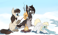 Size: 2996x1798 | Tagged: safe, artist:rocket-lawnchair, imported from derpibooru, oc, oc only, oc:frosty flakes, oc:pine ponder, fish, pony, campfire, coat markings, female, fire, food, hoof hold, mare, meat, mouth hold, ponies eating meat, snow, snow mare, trio, yakutian horse