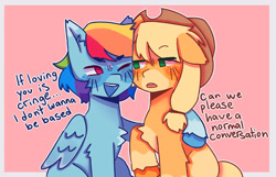 Size: 1280x822 | Tagged: safe, artist:virtualmotel, imported from derpibooru, applejack, rainbow dash, earth pony, pegasus, pony, appledash, applejack is not amused, chest fluff, dialogue, female, hoof around neck, lesbian, mare, one eye closed, pink background, shipping, simple background, unamused, unshorn fetlocks