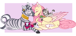 Size: 2100x1000 | Tagged: safe, artist:pinkcattle, imported from derpibooru, angel bunny, fluttershy, zecora, oc, oc:horizon, hybrid, pegasus, pony, rabbit, zebra, zony, adopted offspring, animal, cuddling, ear piercing, earring, eyes closed, family, female, jewelry, lesbian, lying down, magical lesbian spawn, mare, missing cutie mark, neck rings, nuzzling, offspring, parent:fluttershy, parent:zecora, parents:shycora, piercing, prone, quadrupedal, shipping, shycora
