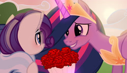 Size: 3783x2173 | Tagged: safe, artist:tsetsera, imported from derpibooru, rarity, twilight sparkle, alicorn, pony, unicorn, the last problem, blushing, bouquet, female, flower, glowing horn, high res, horn, lesbian, looking at each other, mare, older, older rarity, older twilight, princess twilight 2.0, rarilight, rose, shipping, skunk stripe, smiling, smiling at each other, twilight sparkle (alicorn)