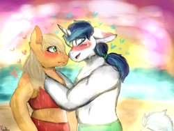 Size: 1400x1050 | Tagged: safe, artist:streetlightsatnight, imported from derpibooru, applejack, shining armor, anthro, earth pony, unicorn, beach, bikini, blushing, clothes, female, floating heart, floppy ears, heart, infidelity, looking away, male, shiningjack, shipping, story included, straight, sweat, swimming trunks, swimsuit