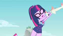 Size: 3410x1920 | Tagged: safe, imported from derpibooru, screencap, sci-twi, twilight sparkle, equestria girls, equestria girls series, forgotten friendship, animation error, bare shoulders, clothes, drone, eyes closed, female, geode of telekinesis, glasses, high res, jewelry, magical geodes, necklace, one-piece swimsuit, open mouth, ponytail, sleeveless, solo, swimsuit