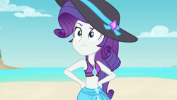 Size: 3410x1920 | Tagged: safe, imported from derpibooru, screencap, rarity, equestria girls, equestria girls series, forgotten friendship, beach, belly button, bikini, clothes, female, geode of shielding, hat, high res, jewelry, magical geodes, midriff, necklace, rarity's blue sarong, rarity's purple bikini, sarong, sleeveless, solo, sun hat, swimsuit