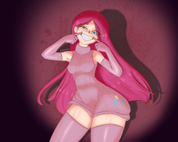 Size: 1500x1197 | Tagged: safe, artist:inkypuso, imported from derpibooru, pinkie pie, human, alternate hairstyle, clothes, evening gloves, female, gloves, grin, humanized, long gloves, pinkamena diane pie, sleeveless, sleeveless sweater, smiling, socks, solo, stockings, sweater, thigh highs