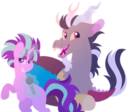 Size: 1280x1120 | Tagged: safe, artist:lepoppeta, imported from derpibooru, discord, starlight glimmer, draconequus, pony, unicorn, alternate hairstyle, beard, duo, duo male and female, eyebrows, eyebrows visible through hair, facial hair, fangs, female, glowing, glowing horn, grin, horn, magic, magic aura, male, mane, mare, microphone, open mouth, open smile, rearing, reflection, s5 starlight, shipping, simple background, singing, smiling, smirk, starcord, straight, telekinesis, transparent background, white hair